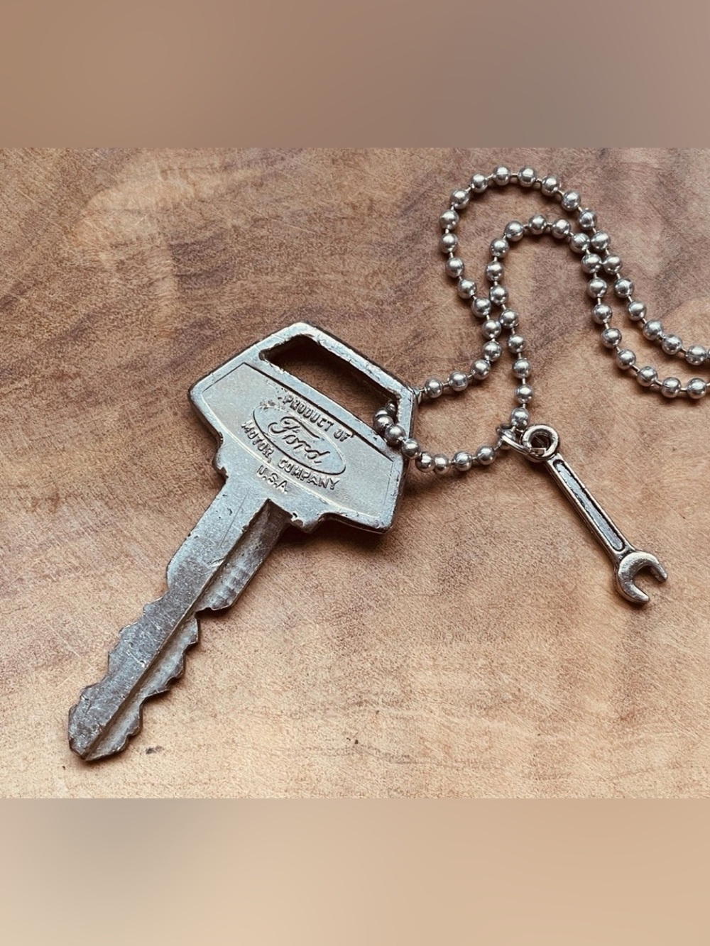 Vintage Ford Silver Key Necklace Keychain Pendant with Ball Chain Wrench charm